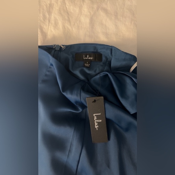 NWT Truly Picturesque Dark Teal Blue Satin Cross-Front Open Back Midi Dress - Picture 7 of 7